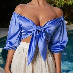 Elegant Blue Off-Shoulder Tie-Front Top